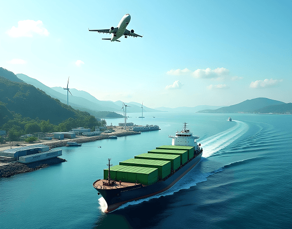 Ship and airplane representing sea-air logistics